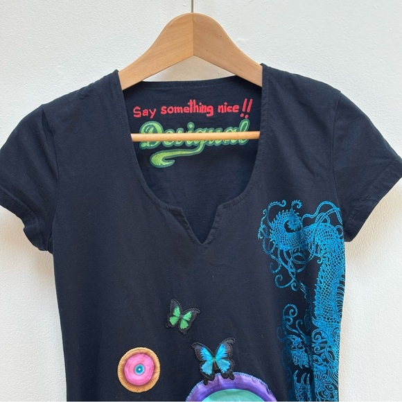 Desigual Y2K Sharkbite Hem Graphic Print Embellished Tunic Top Navy EU S US XS - Picture 5 of 11